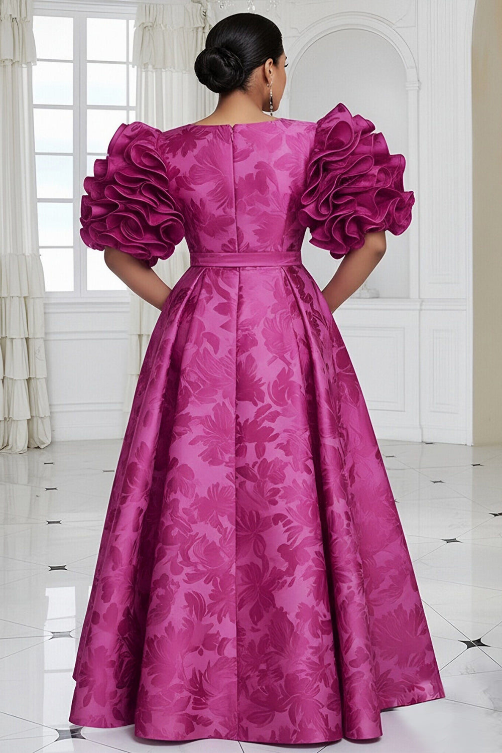Hot Pink V Neck Puff Sleeve Short Sleeve Ruffle Pocket Satin Maxi Dresses