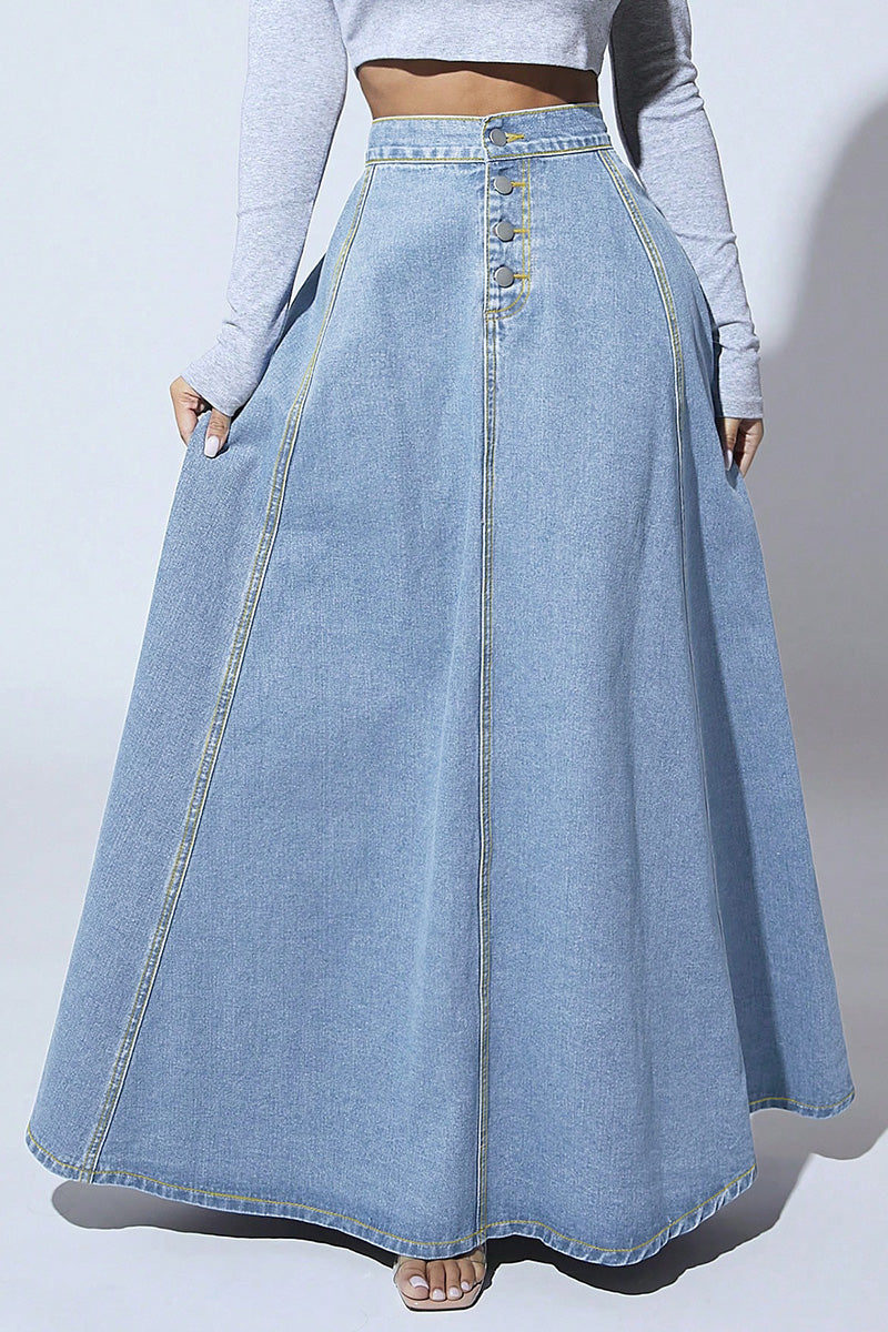 Women's Vintage Single-Breasted Full A-Line Denim Skirt