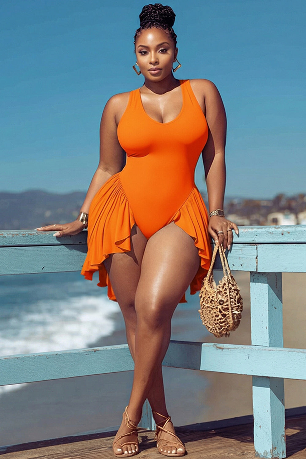 Beach Orange Round Neck Ruffle Swimsuit Fabric Swimwear Dress