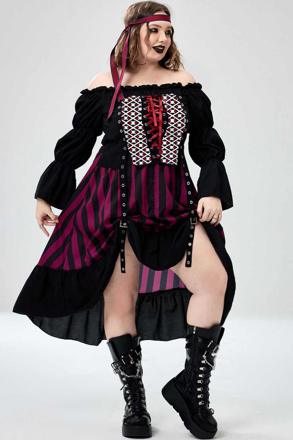 Halloween Costume Cosplay Black Off The Shoulder Lace Up Midi Dress(Ships 24h)