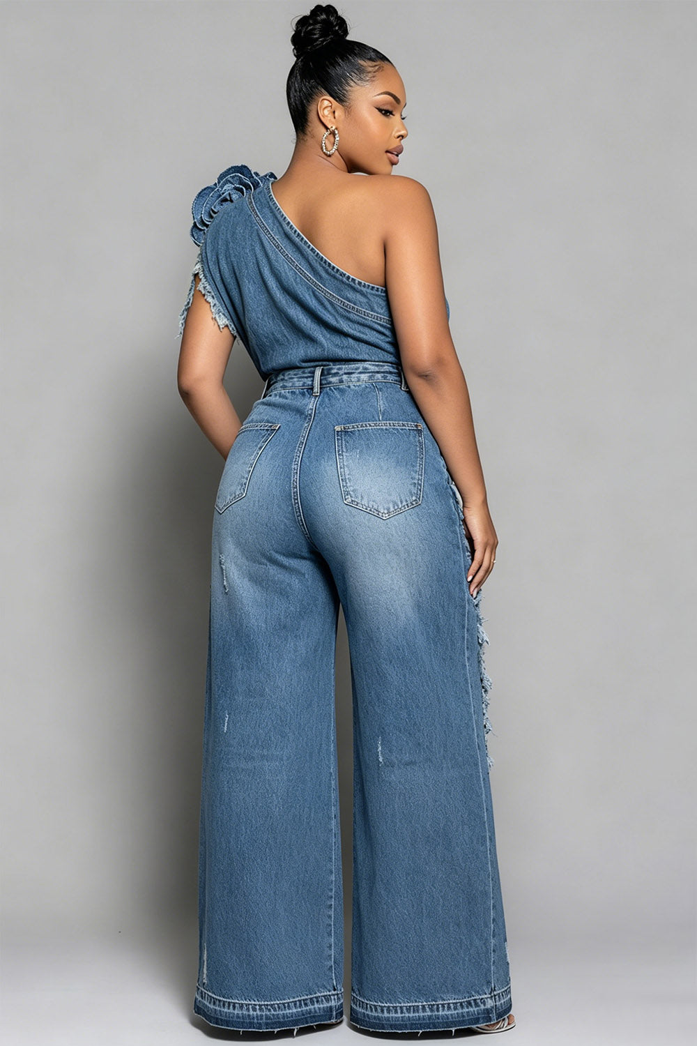 Xpluswear Design Plus Size Vacation Casual Blue One Shoulder 3D Distressed Denim Two Piece Pant Sets