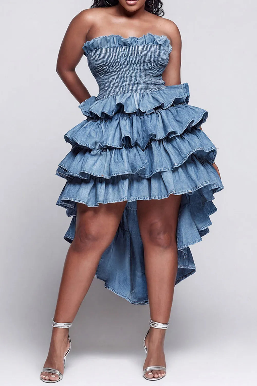 Xpluswear Design Plus Size Party Elegant Blue Strapless Ruffle Tiered Tencel Denim Mini Dresses [Pre-Order]