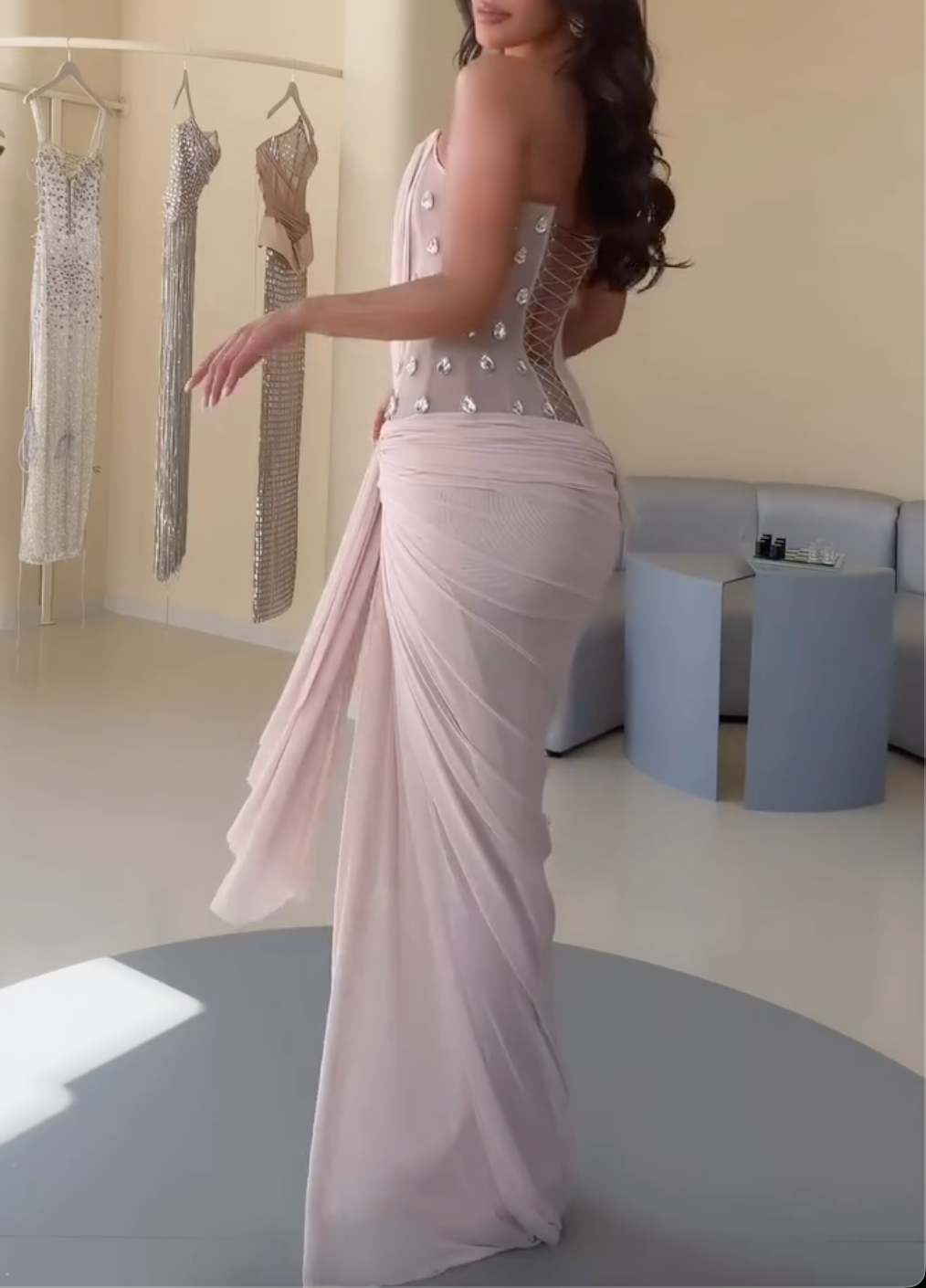 Nude Strapless Ruched Maxi Dress, Crystal Embellished Formal Evening Gown with Slit