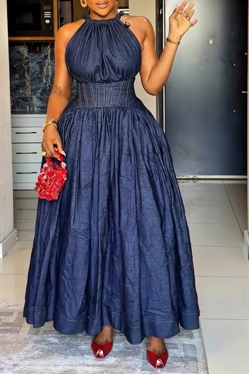 Women‘s Elegant Waist-Defined Denim Dress