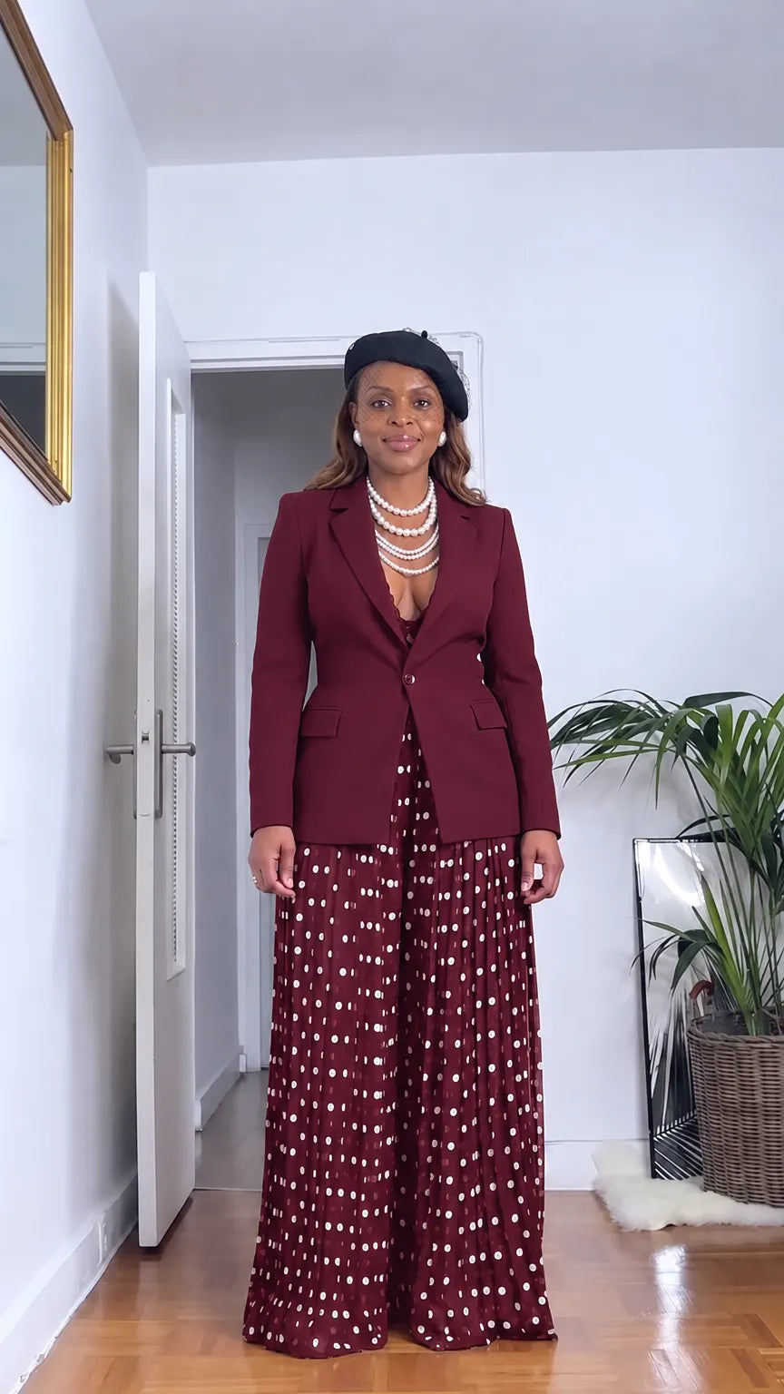 Women's Tailored Blazer and Polka Dot Pleated Wide-Leg Pants Set