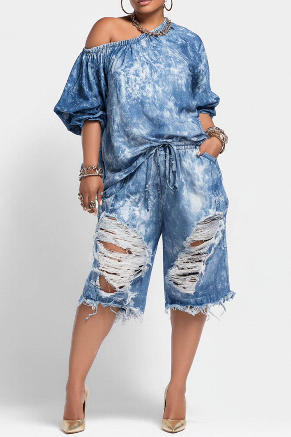 Xpluswear Design Plus Size Party Light Blue Oblique Collar Puff Sleeve Short Sleeve Distressed Pocket Denim Two Piece Short Sets