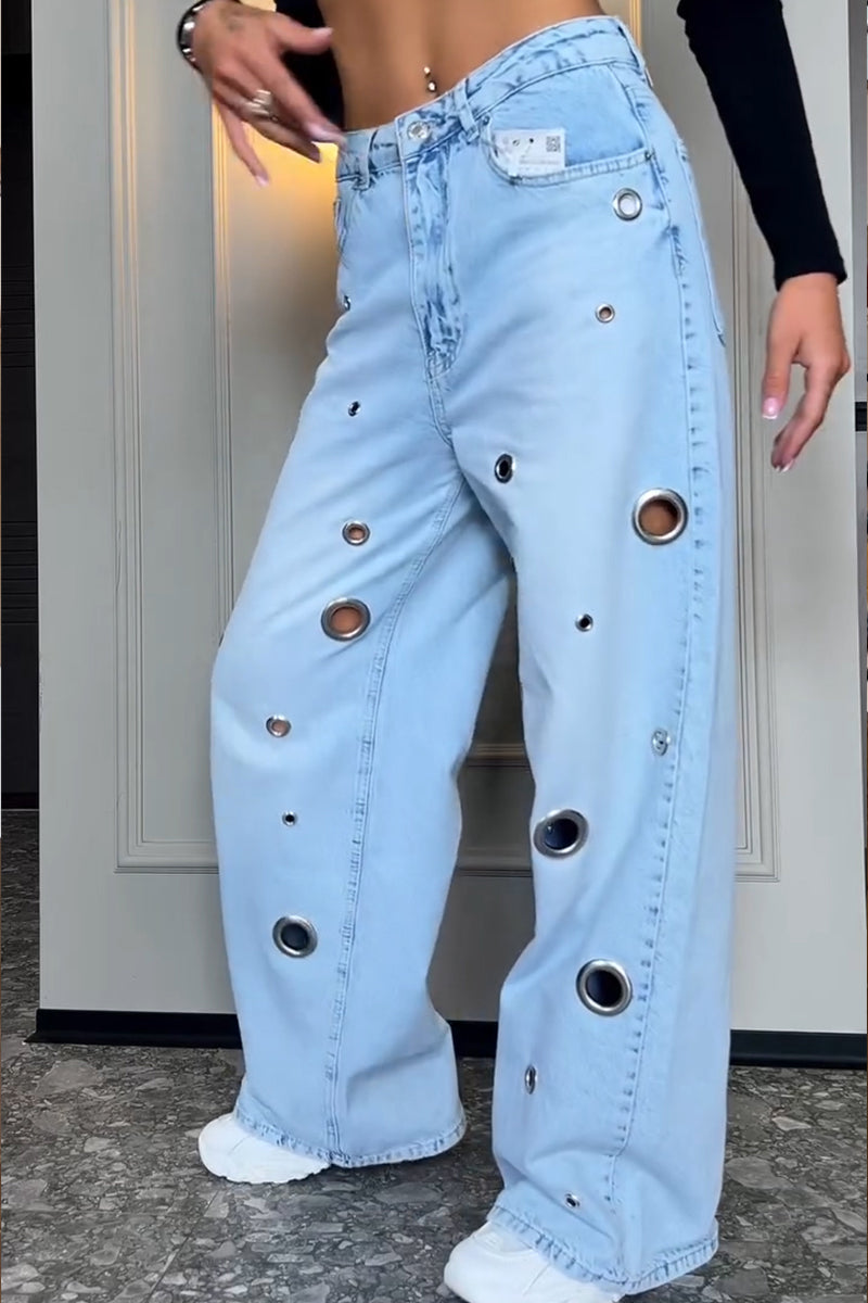 Women's Fashion Metal Hollow-Out Decoration Wide Leg Jeans