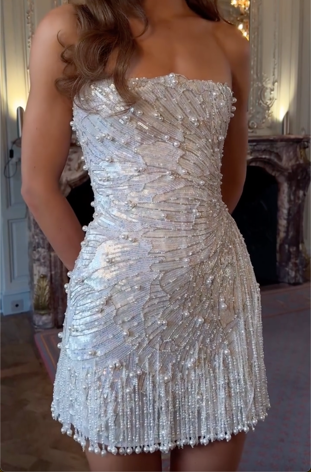 White Iridescent Sequin Mini Dress with Pearl Fringe