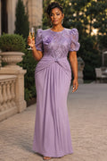 Purple Round Neck Puff Sleeve Short Sleeve 3D See Through Lace Maxi Dresses [Pre-Order]