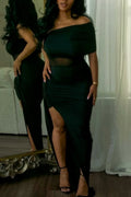 Women's Casual Off Shoulder Ruched Maxi Dress with Mesh Panel and High Side Slit