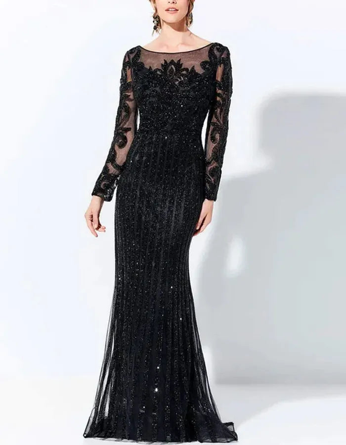 Round Neck Sequined Lace Long Sleeves Maxi Dress