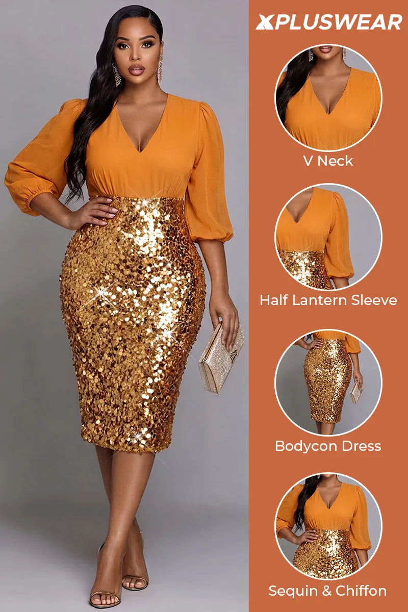 Cocktail Party Chiffon Khaki V Neck Lantern Sleeve Half Sleeve Contrast Bodycon Sequin Midi Dresses