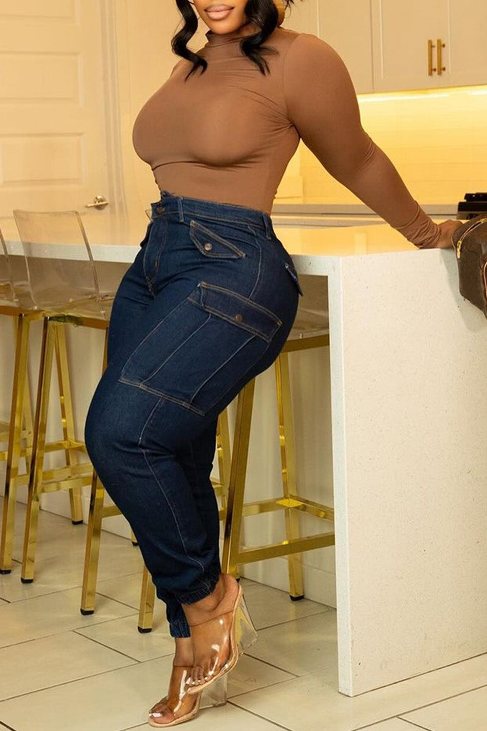 Xpluswear Plus Size Blue Daily Denim Asymmetric Waist With Pocket Cargo Jeans