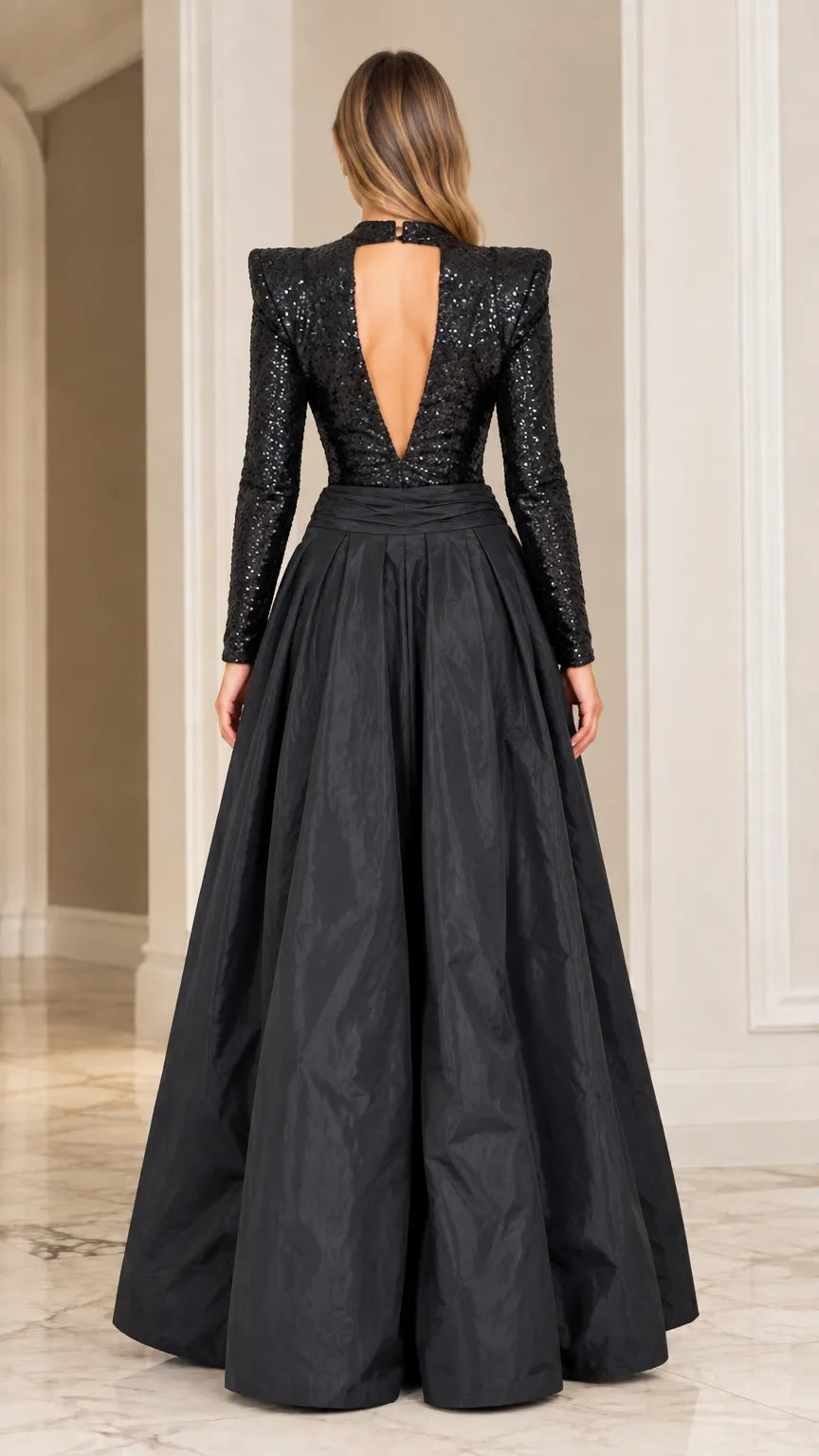 Sequined Mock Neck Open Back Maxi Ball Gown with Structured Shoulders