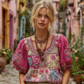 Women's Retro Bohemian Rose And Floral Pattern Embroidered Casual Linen T-shirt