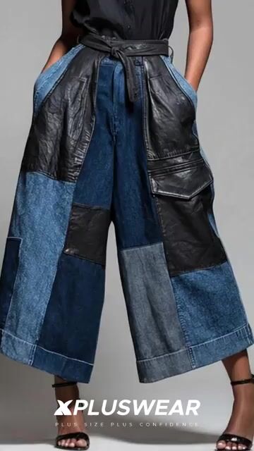 Xpluswear Design Plus Size Daily PU Leather Blue Contrast Pocket Denim Pants