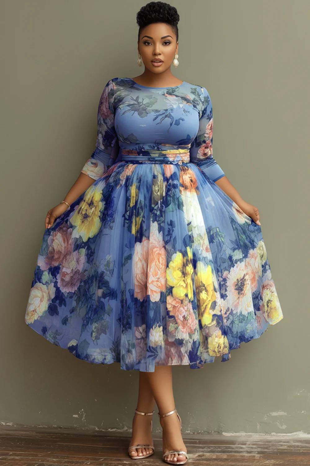 Vacation Sage Green Floral Round Neck 3/4 Sleeve See Through Tulle Midi Dresses