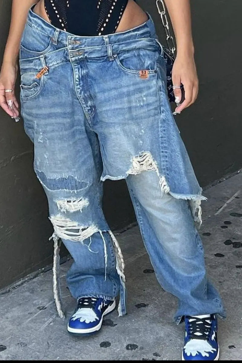 women's  Cross Over Waist Irregular Frayed Hem Heavy Ripped Baggy Wide Leg Jeans