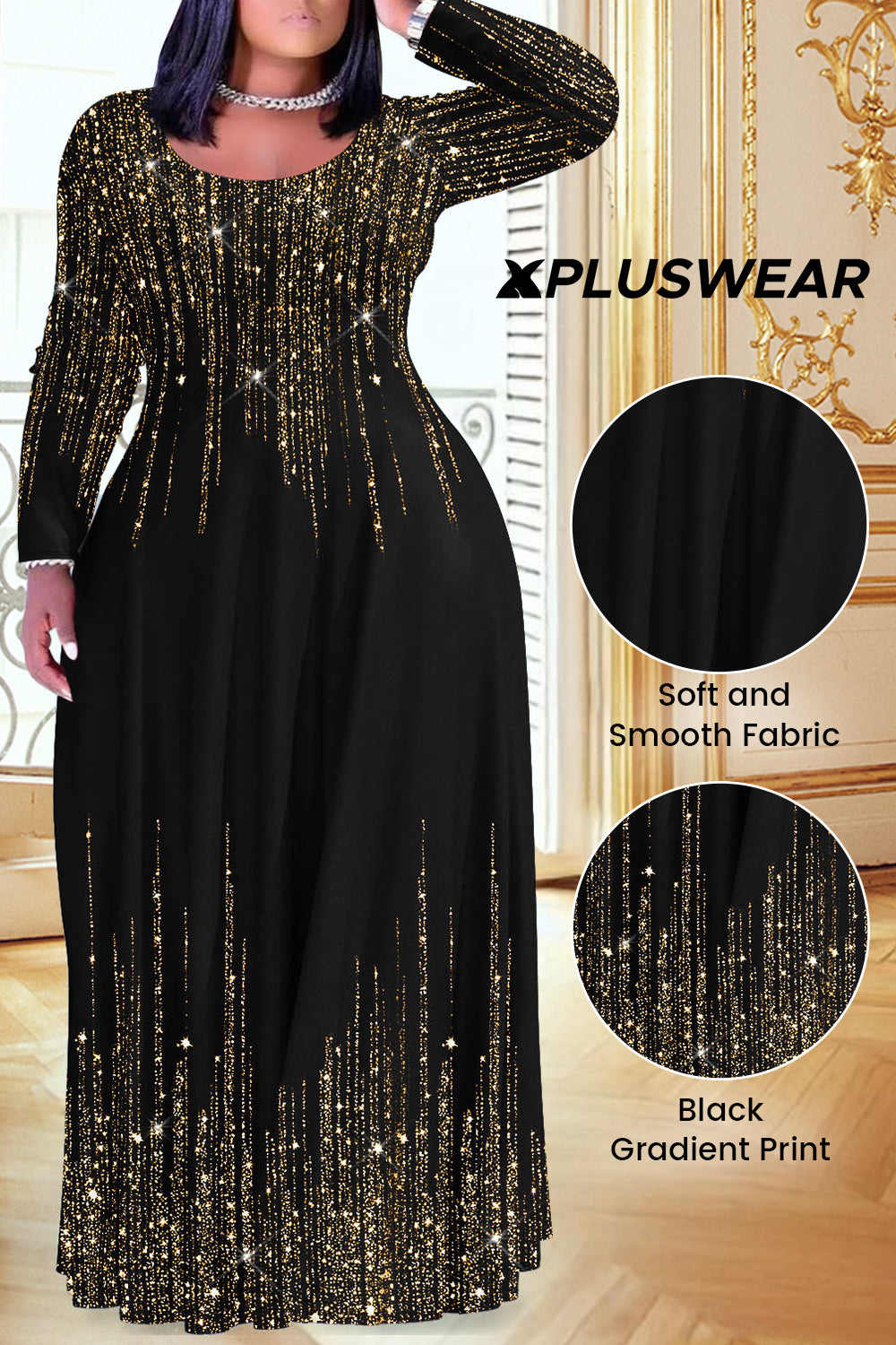 Christmas Red Gradient Round Neck Long Sleeve Maxi Dresses