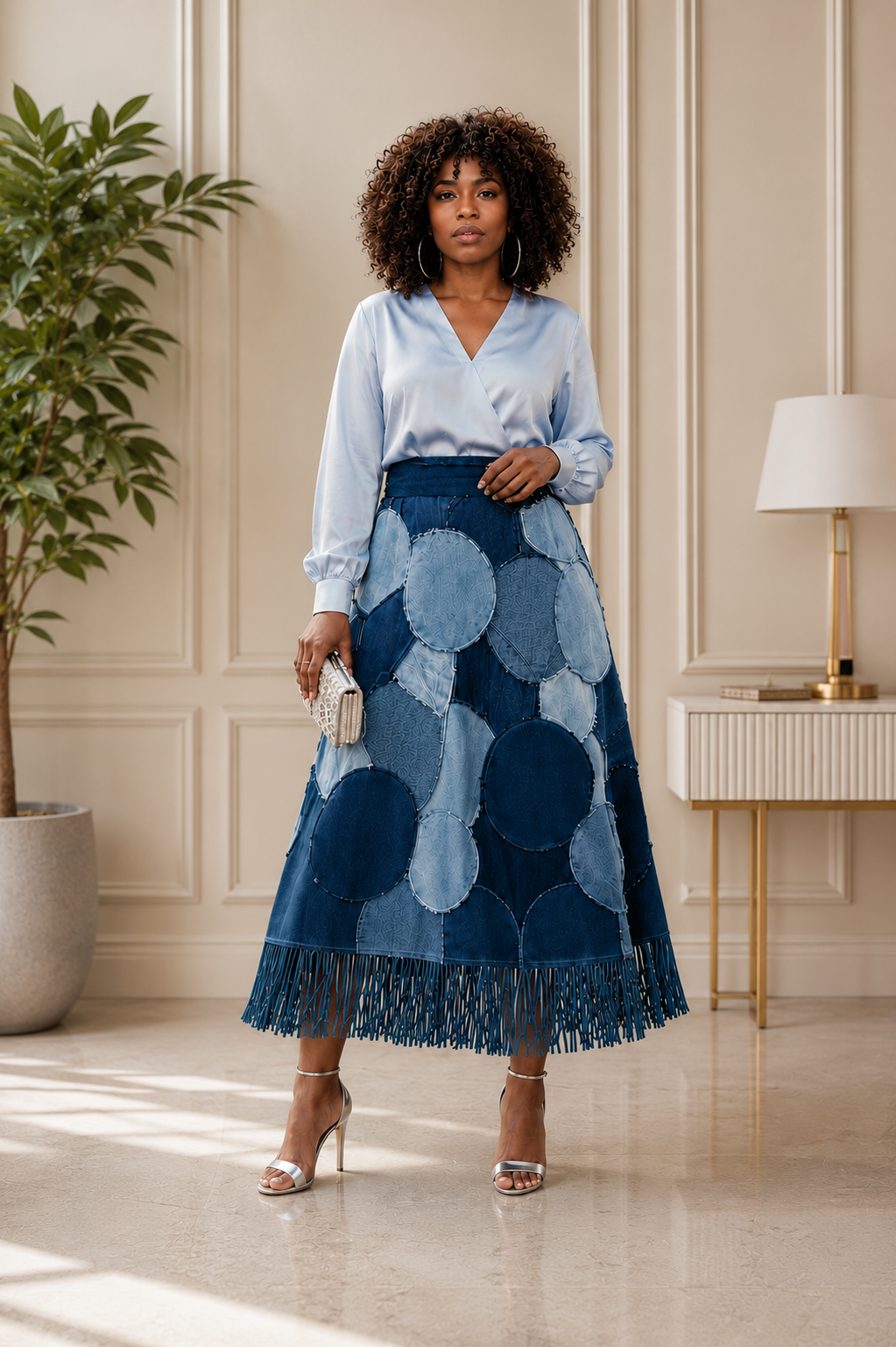 Xpluswear Design Plus Size Business Casual Blue Strappy Contrast Denim Skirts