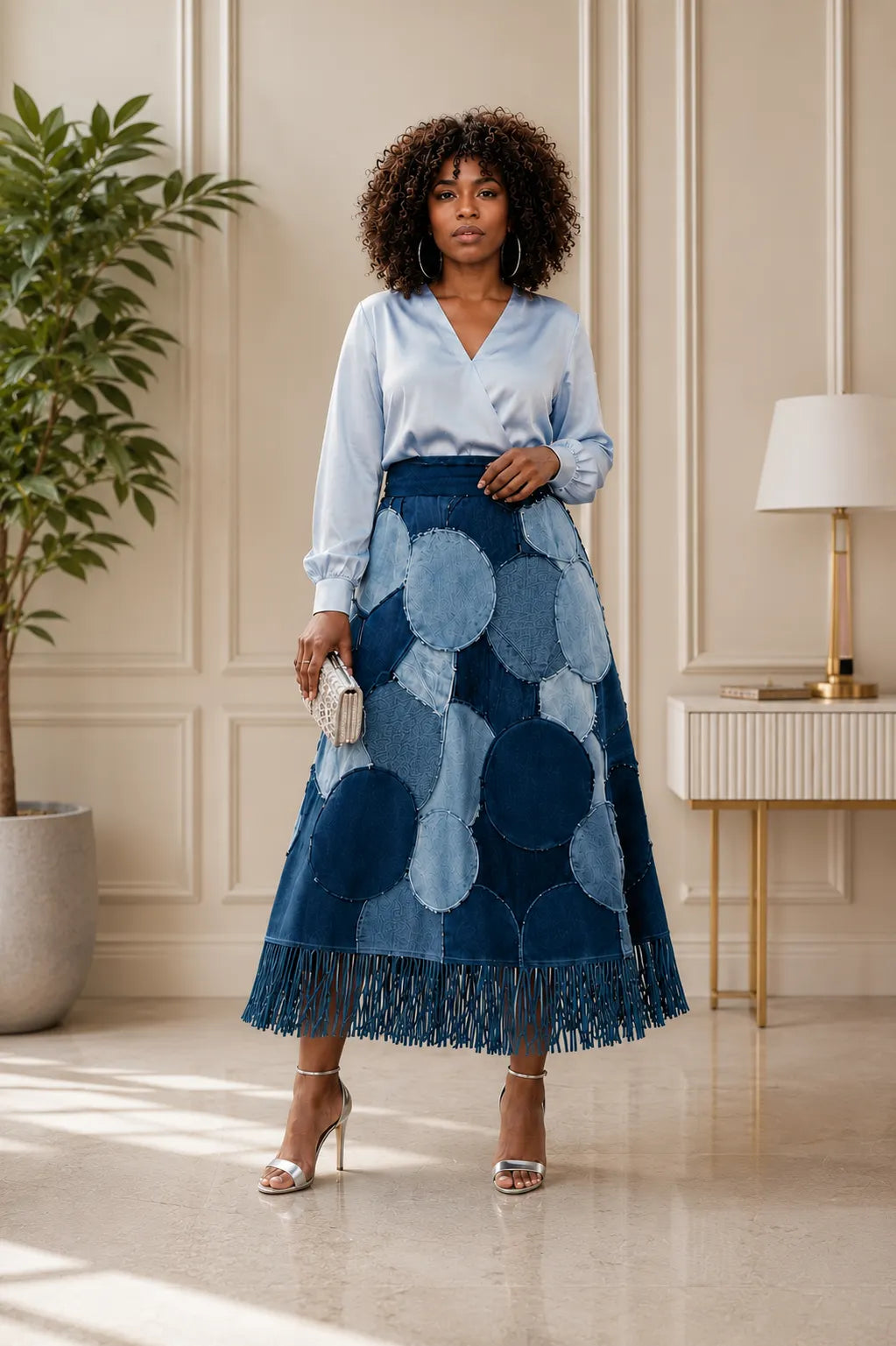 Business Casual Blue Strappy Contrast Denim Skirts