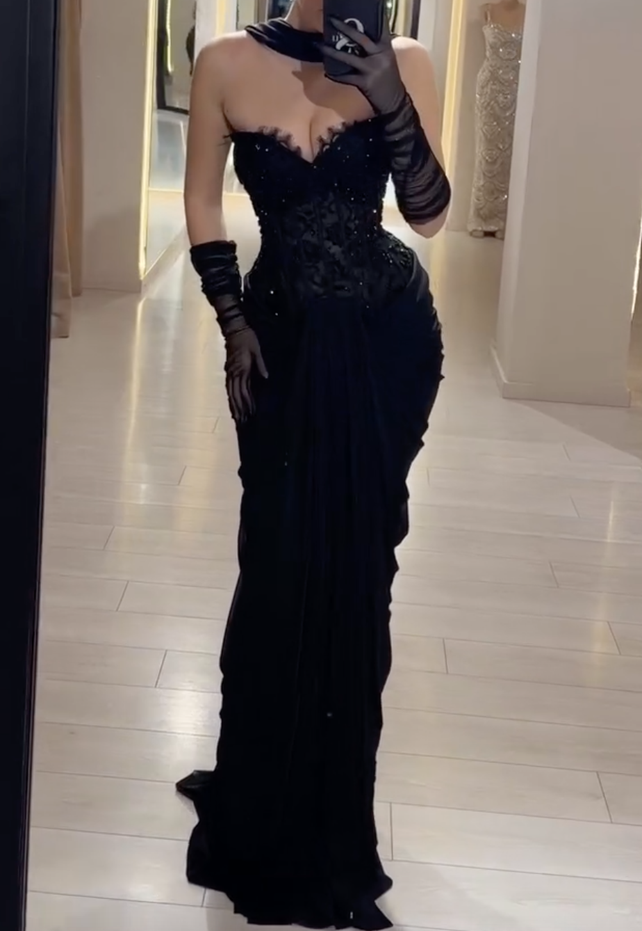 Black Strapless Beaded Corset Maxi Dress