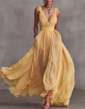 Chiffon V-neck Halter Neck Ruffled Trim Cinched Waist Maxi Dress