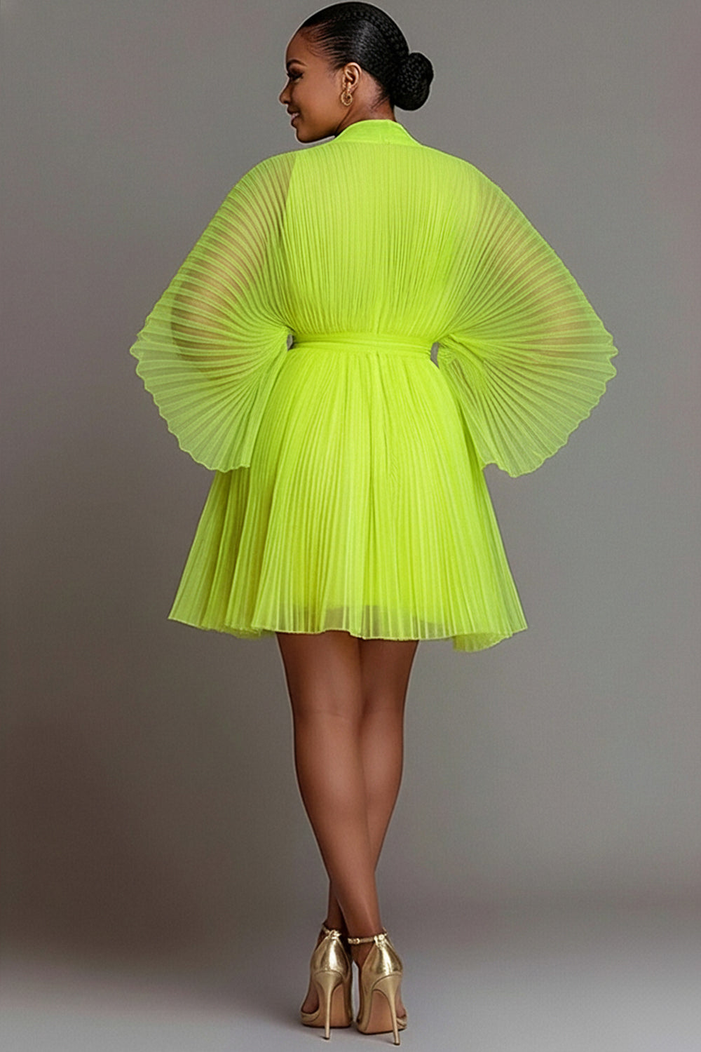 Party Fluorescent Green Stand-Up Collar Lantern Sleeve Long Sleeve Pleated See Through Tulle Mini Dresses