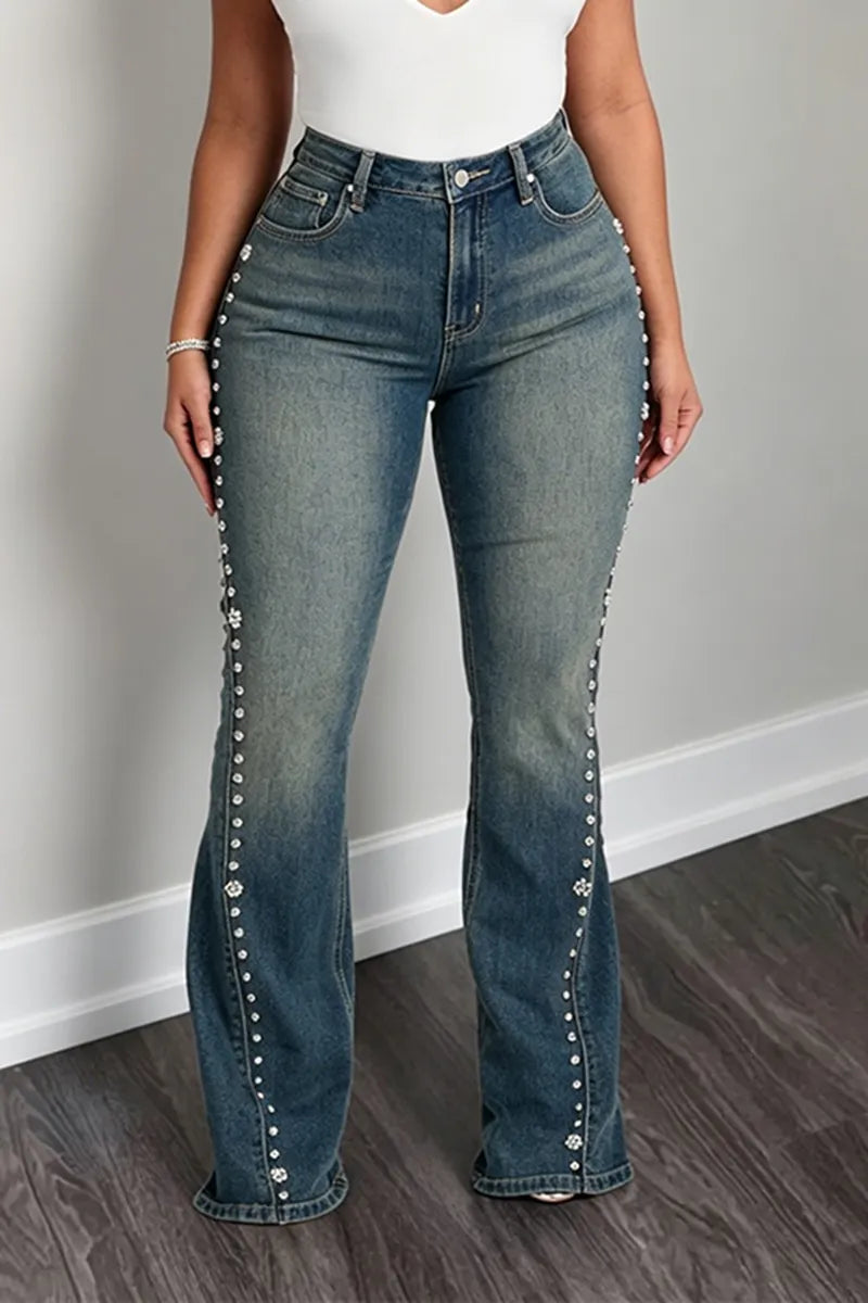 Women's Casual Versatile Rhinestone Beaded Bootcut Jeans