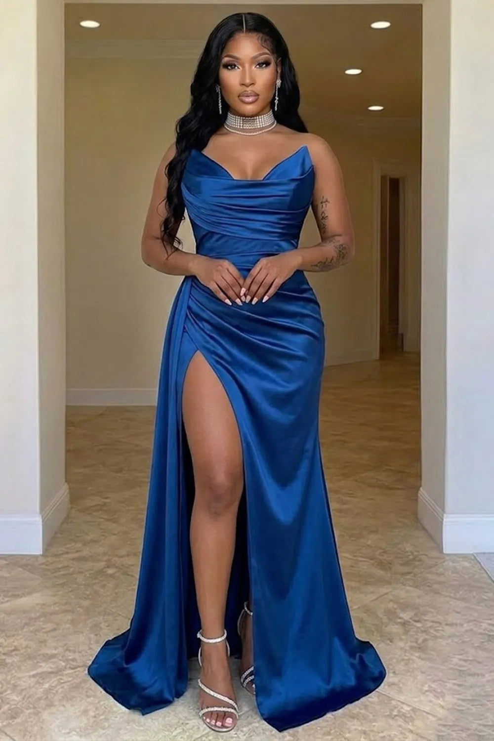 Strapless Draped Cinch Waist High Slit Satin Evening Gowns Maxi Dresses-Blue