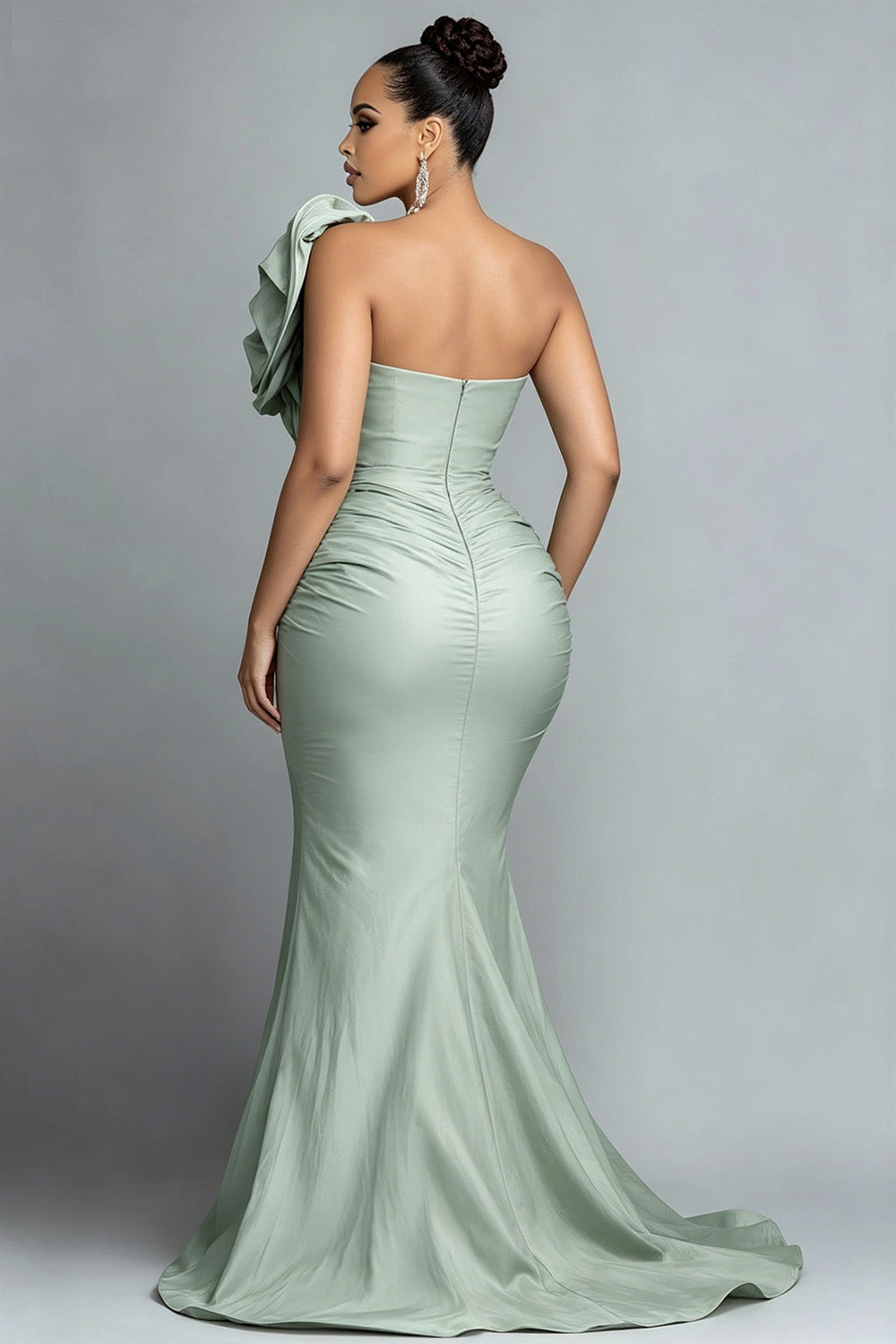 Sage Green Asymmetrical Collar One Shoulder Asymmetric Hem Irregular Hem Ruffle Satin Maxi Dresses