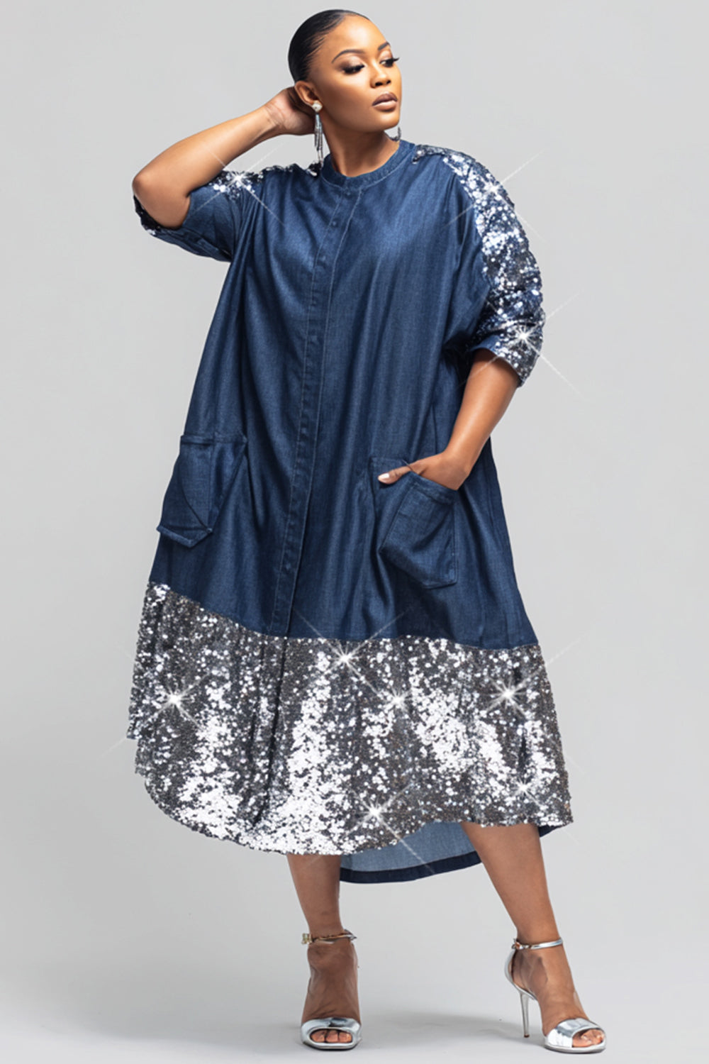 Xpluswear Design Plus Size Business Casual Sequin Blue Round Neck Half Sleeve Pocket Sequin Tencel Denim Midi Dresses