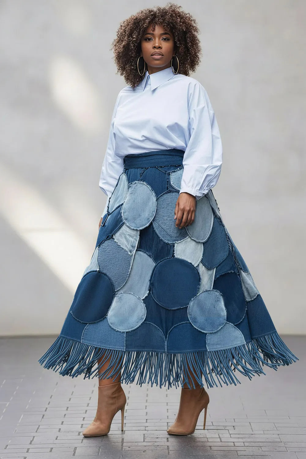 Xpluswear Design Plus Size Business Casual Blue Strappy Contrast Denim Skirts