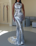 Women's Silver Sequin Halter Neck Mermaid Maxi Dress