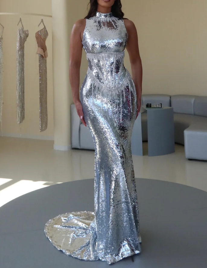 Women's Silver Sequin Halter Neck Mermaid Maxi Dress