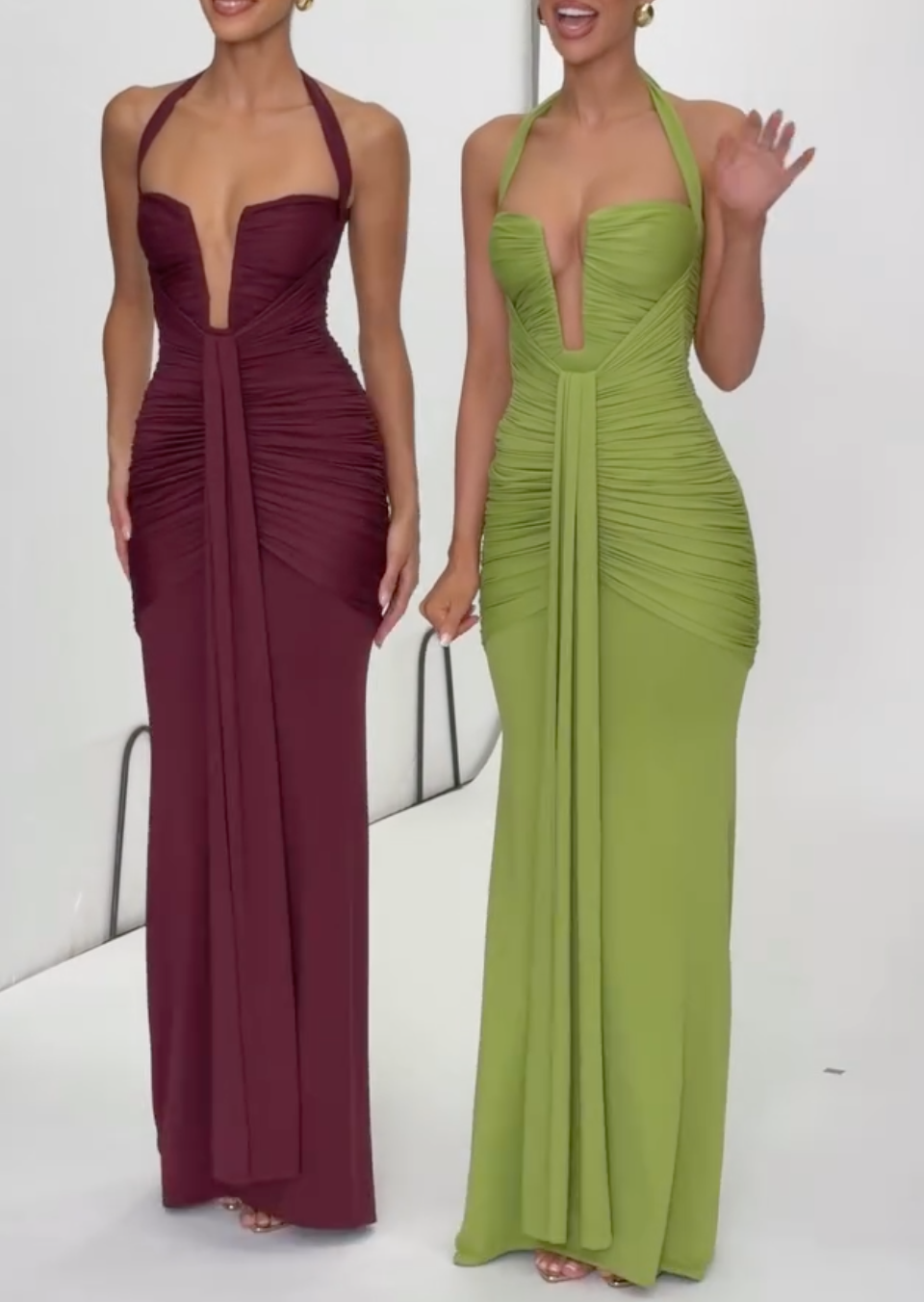 Burgundy/Lime Green Halter Deep V Ruched Mermaid Formal Evening Gown