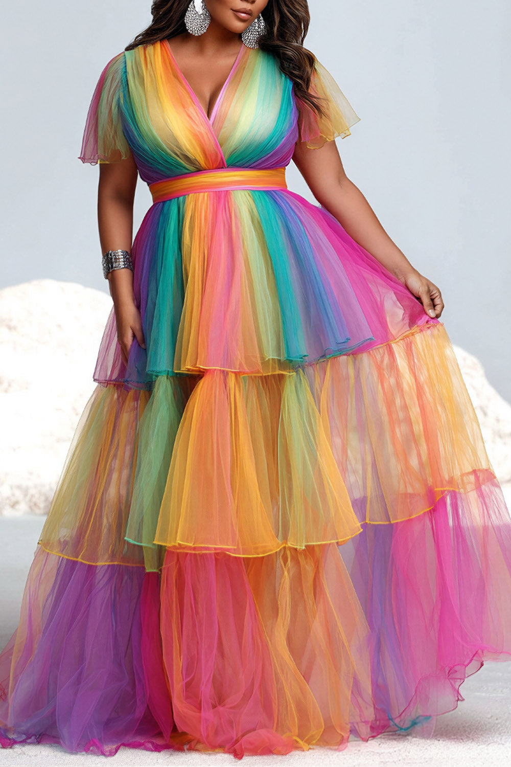 Vacation Boho Rainbow Gradient Wrap Neck Short Sleeve Ruffle Tiered Tulle Maxi Dresses