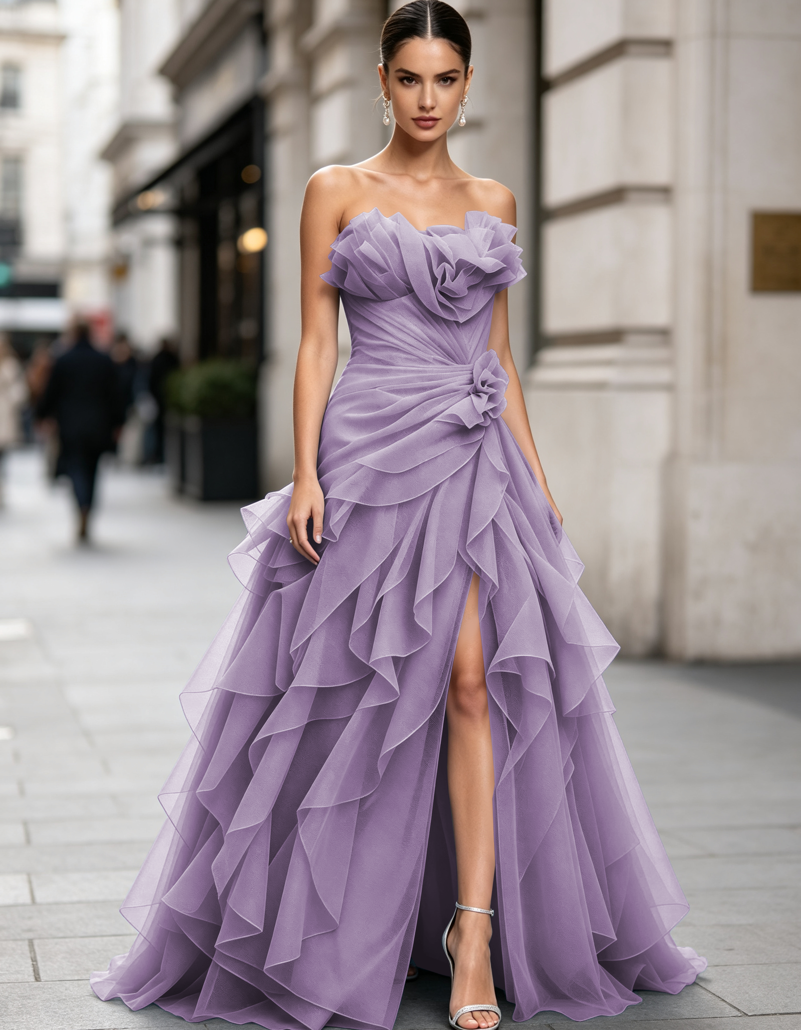Voluminous Floral Ruffle Strapless Tulle Mermaid  Maxi Dress