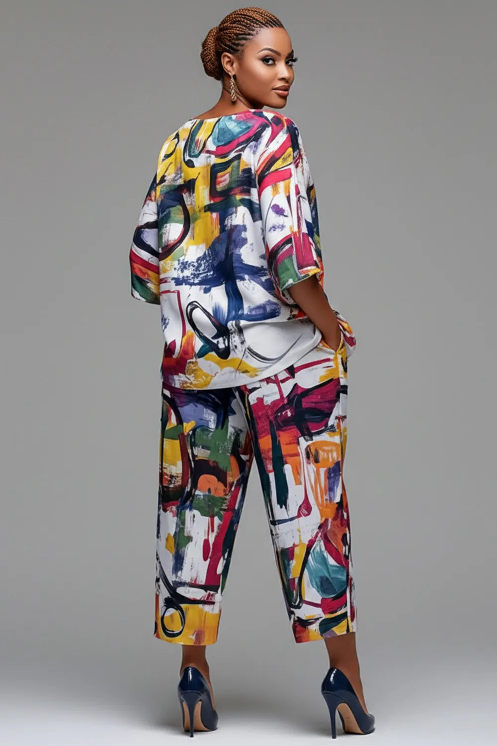 Vacation Multicolor All Over Print Round Neck Flare 3/4 Sleeve Pocket Two Piece Pant Sets