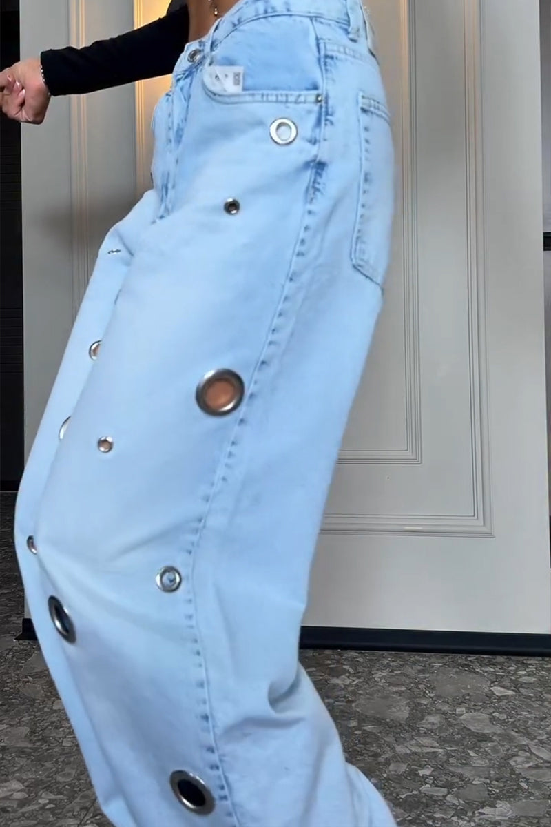Women's Fashion Metal Hollow-Out Decoration Wide Leg Jeans