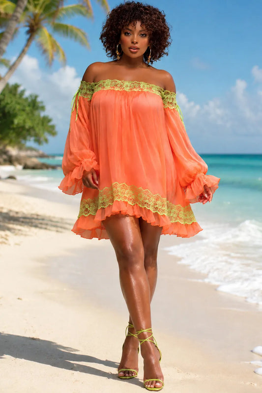 Vacation Orange Off The Shoulder Lantern Sleeve Long Sleeve Ruffle Contrast Chiffon Mini Dresses [Pre-Order]