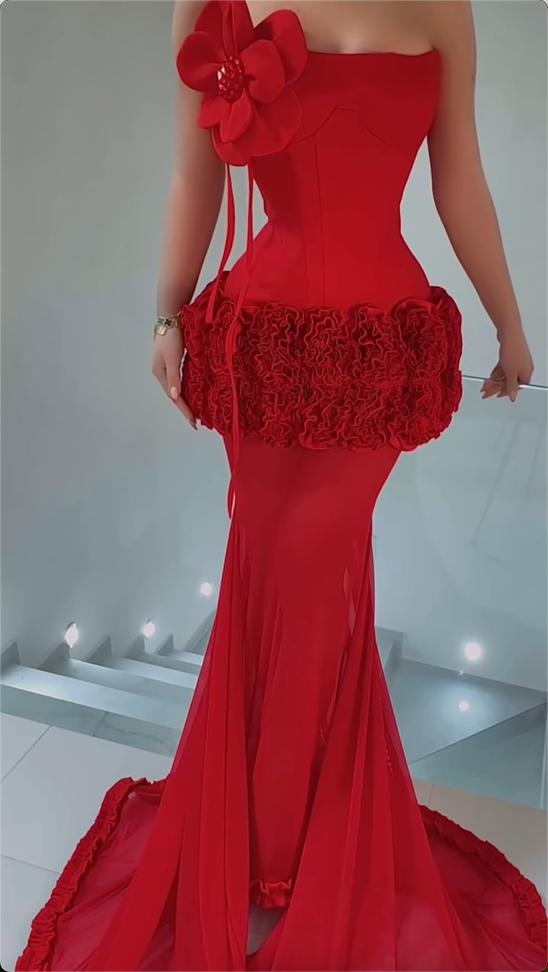 Stunning Red Strapless 3D Flower Ruffle Mermaid Maxi Dress