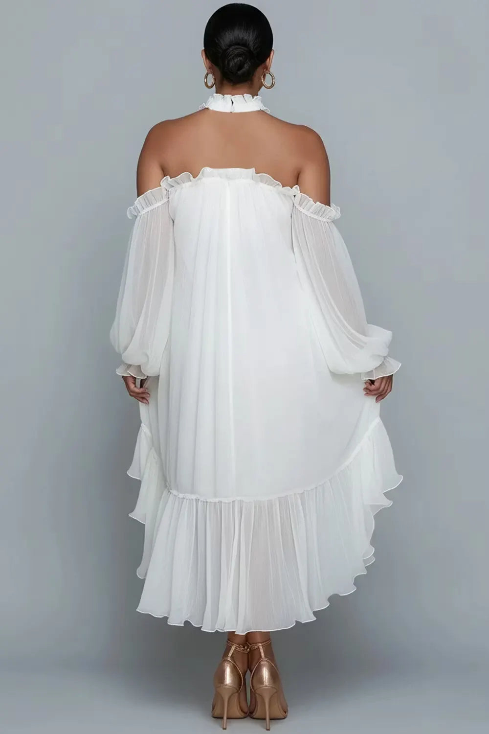 Birthday White Halter Collar Cold Shoulder Long Sleeve Ruffle Asymmetric Hem Irregular Hem Chiffon Midi Dresses