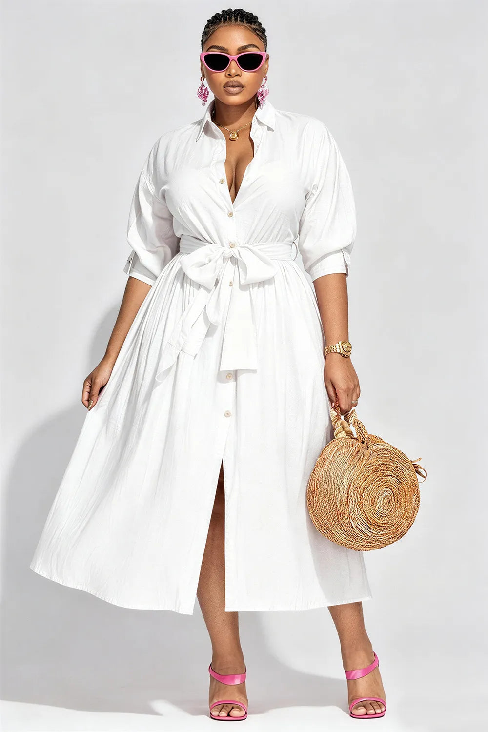 Vacation White Shirt Collar Half Sleeve Pocket Midi Dresses
