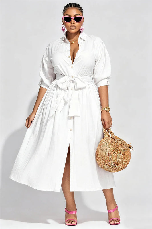 Vacation White Shirt Collar Half Sleeve Pocket Midi Dresses