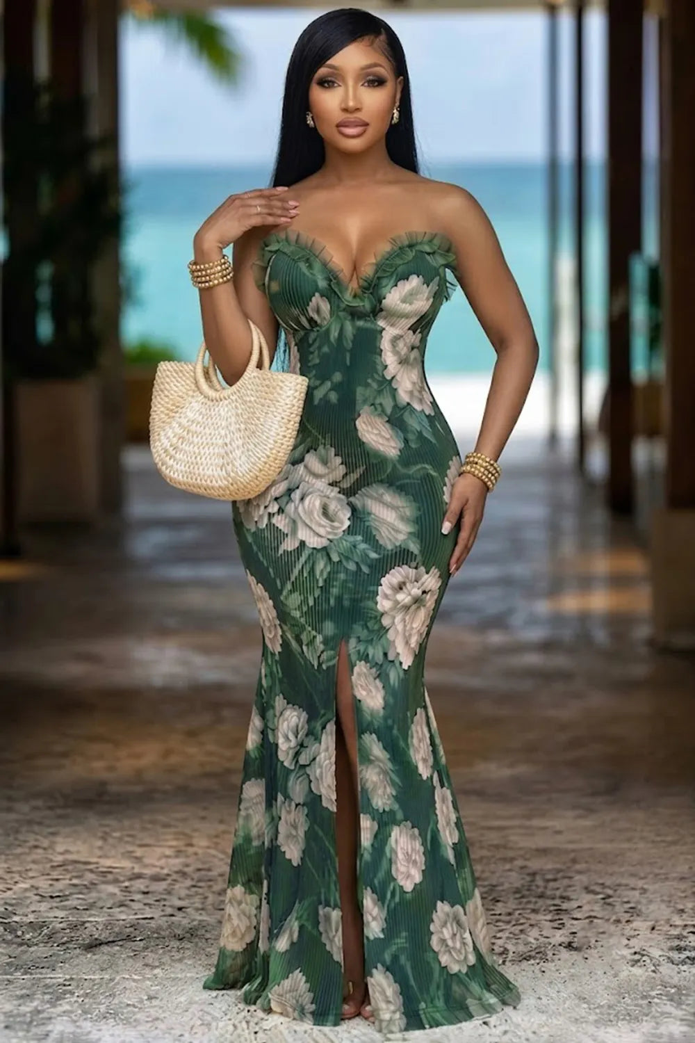 Frilled Strapless Floral Ribbed Slit Mermaid Maxi Dresses-Green [Pre Order]