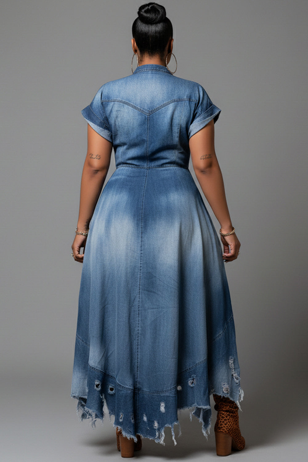 Xpluswear Design Plus Size Party Blue V Neck Short Sleeve Ripped Asymmetric Hem Denim Midi Dresses
