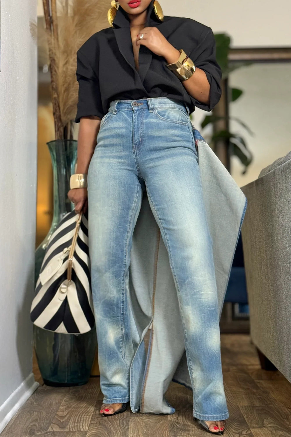 Plus Size Party Light Blue With Skirt Overlay Denim Jeans