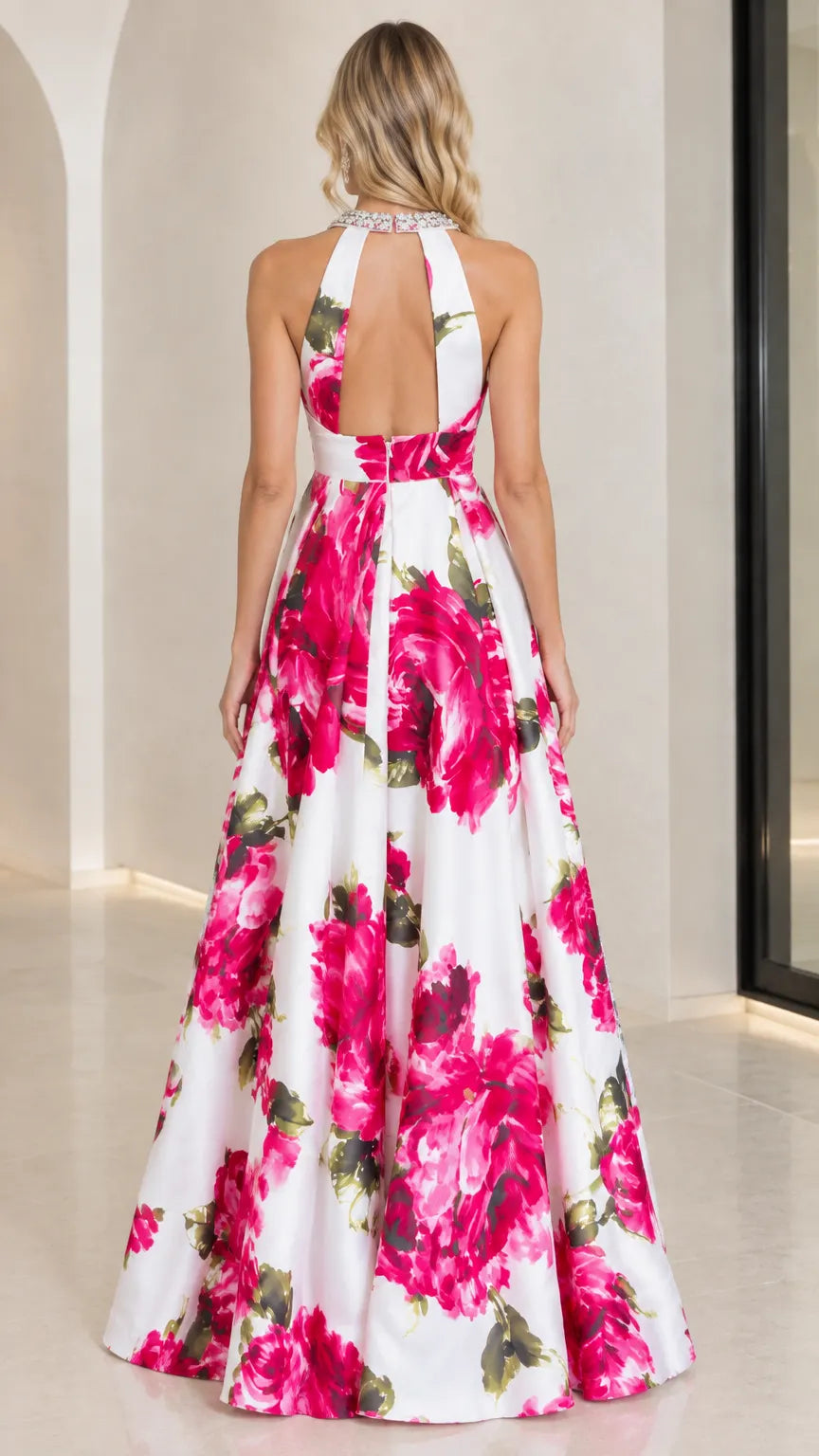 Floral Print Rhinestone Halter Neck A-Line Maxi Evening Gown