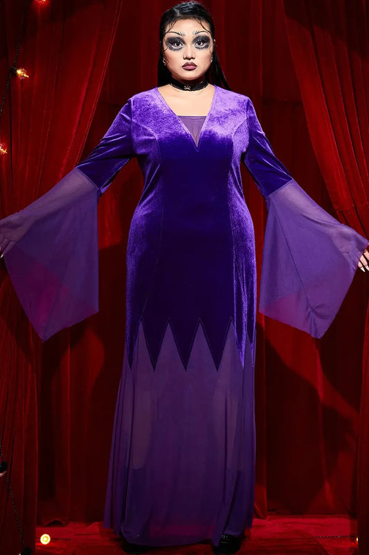 Halloween Costume Purple V-Neck Trumpet Sleeve Lace Bat Velvet Maxi Dress(Ships 24h)